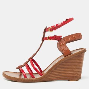 Louis Vuitton Brown/Red Monogram Embossed Leather and Patent T-Strap Wedge Sandals Size 37.5, Sandals - Luxury Closet catalog