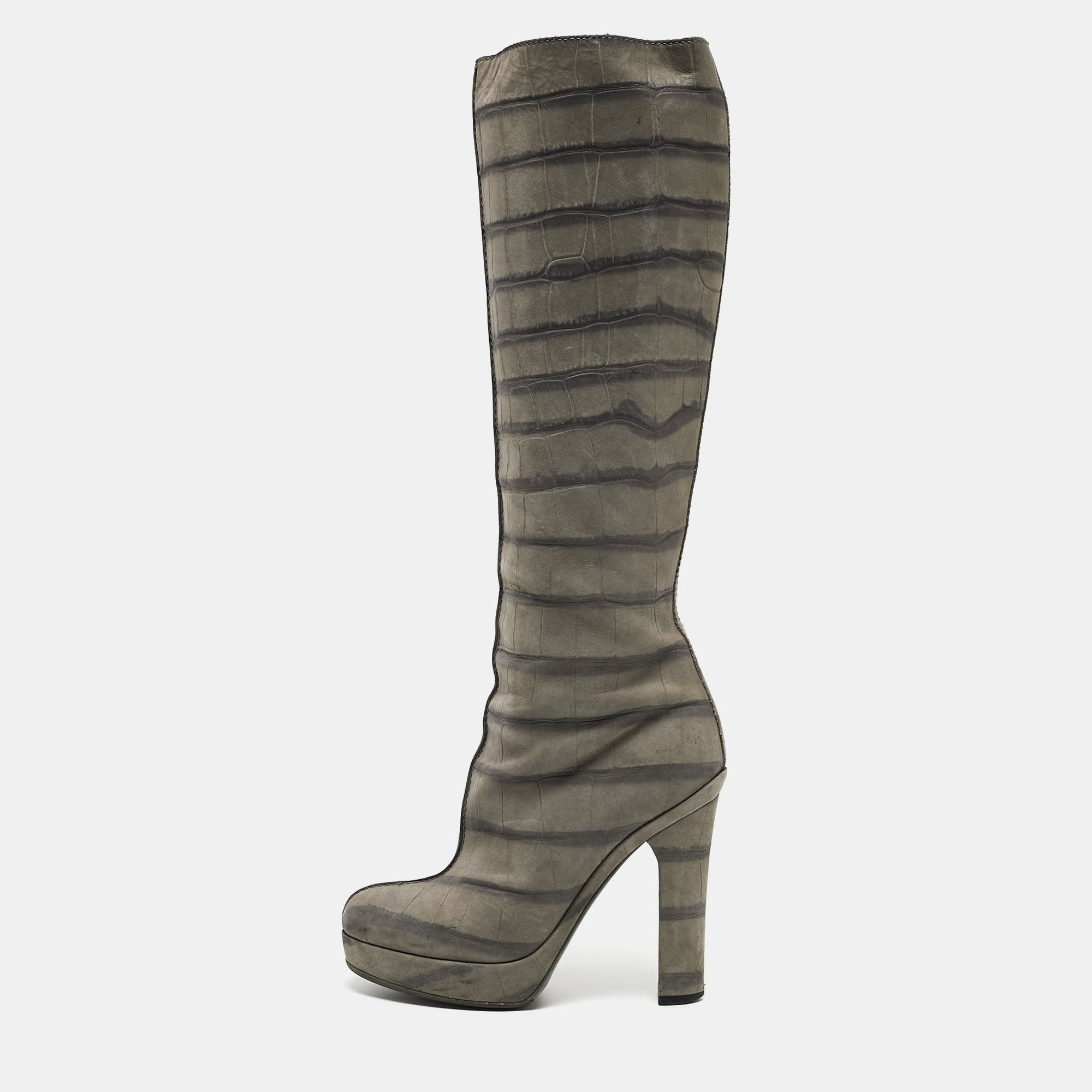 Louis Vuitton Grey Croc Embossed Leather Platform Knee Length Boots Size 36.5, Boots - Luxury Closet catalog