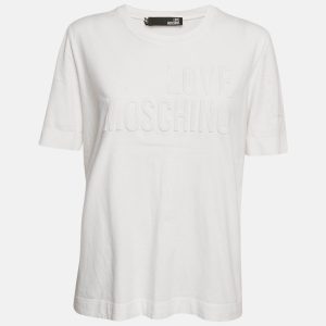 Love Moschino White Logo Embossed Cotton Crew Neck T-Shirt M, Shirts & Tops - Luxury Closet catalog