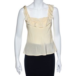 Love Moschino Cream Silk Ruffled Neck Sleeveless Top S, Shirts & Tops - Luxury Closet catalog