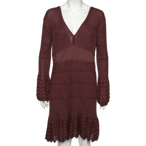 M Missoni Burgundy Patterned Knit Long Sleeve V-Neck Dress L, Dresses - Luxury Closet catalog