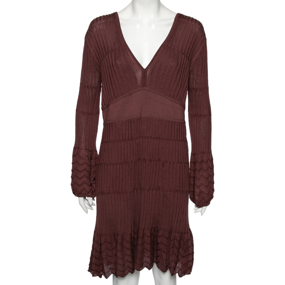 M Missoni Burgundy Patterned Knit Long Sleeve V-Neck Dress L, Dresses - Luxury Closet catalog