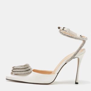 Mach & Mach White Satin Crystal Embellished Triple Heart Ankle Wrap Pumps&nbsp;Size 39, Pumps - Luxury Closet catalog