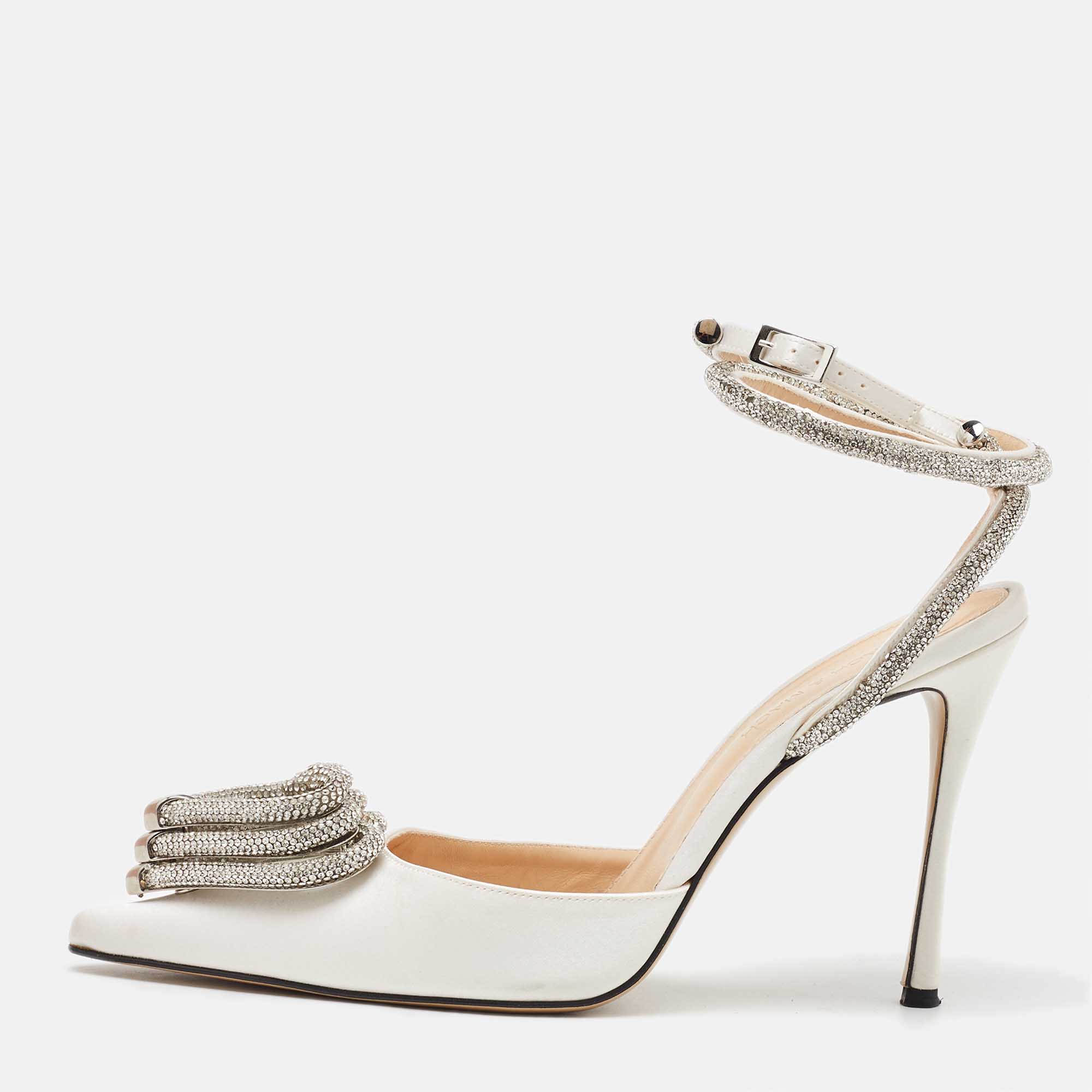 Mach & Mach White Satin Crystal Embellished Triple Heart Ankle Wrap Pumps Size 39, Pumps - Luxury Closet catalog