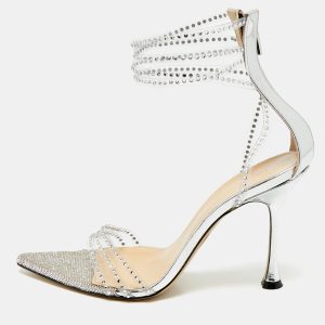 Mach & Mach Silver Leather and PVC Crystal Embellished Ankle Strap Sandals Size 39.5, Sandals - Luxury Closet catalog
