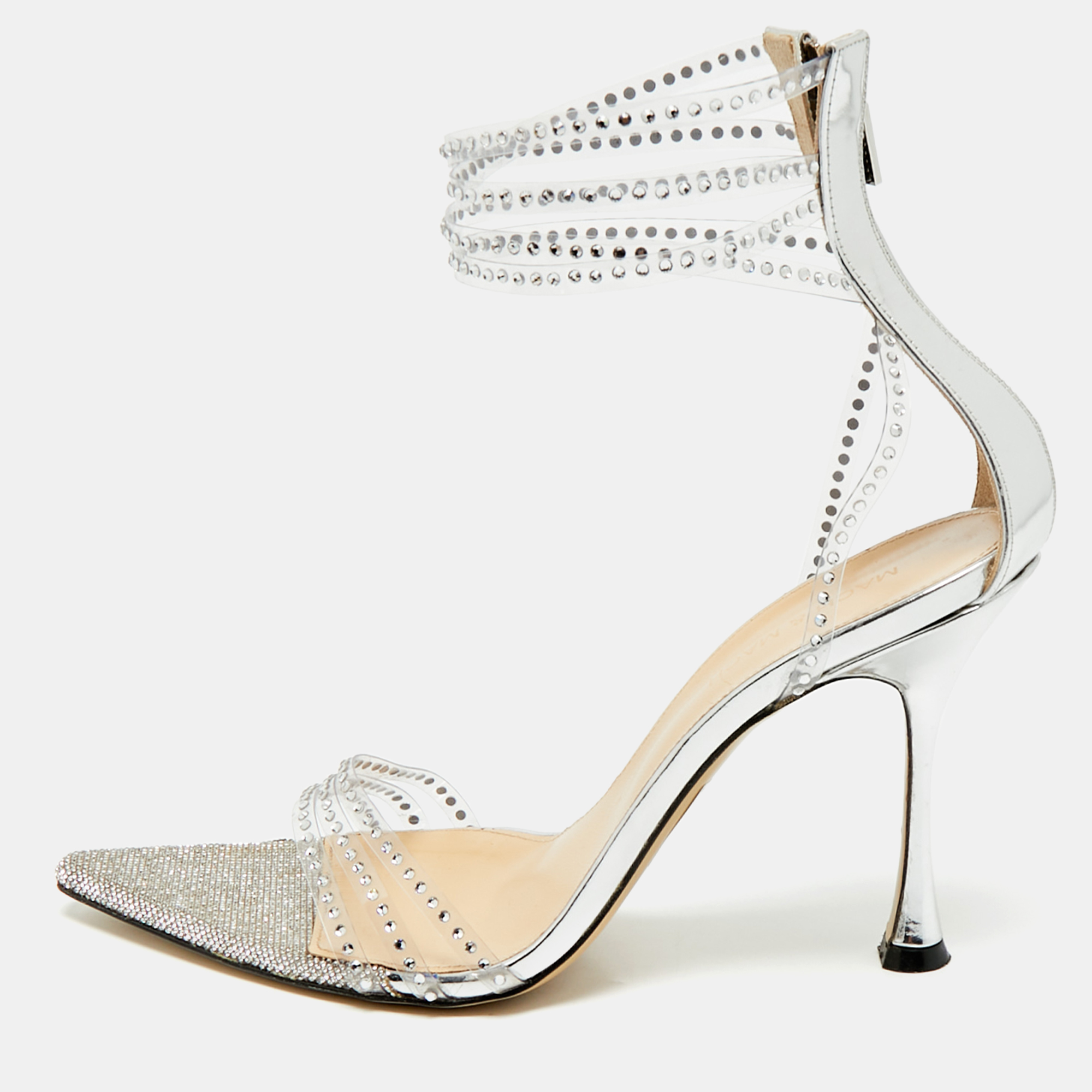 Mach & Mach Silver Leather and PVC Crystal Embellished Ankle Strap Sandals Size 39.5, Sandals - Luxury Closet catalog