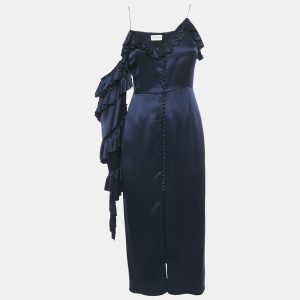 Magda Butrym Navy Blue satin Silk Ruffled Asymmetric Sleeve Midi Dress S, Dresses - Luxury Closet catalog