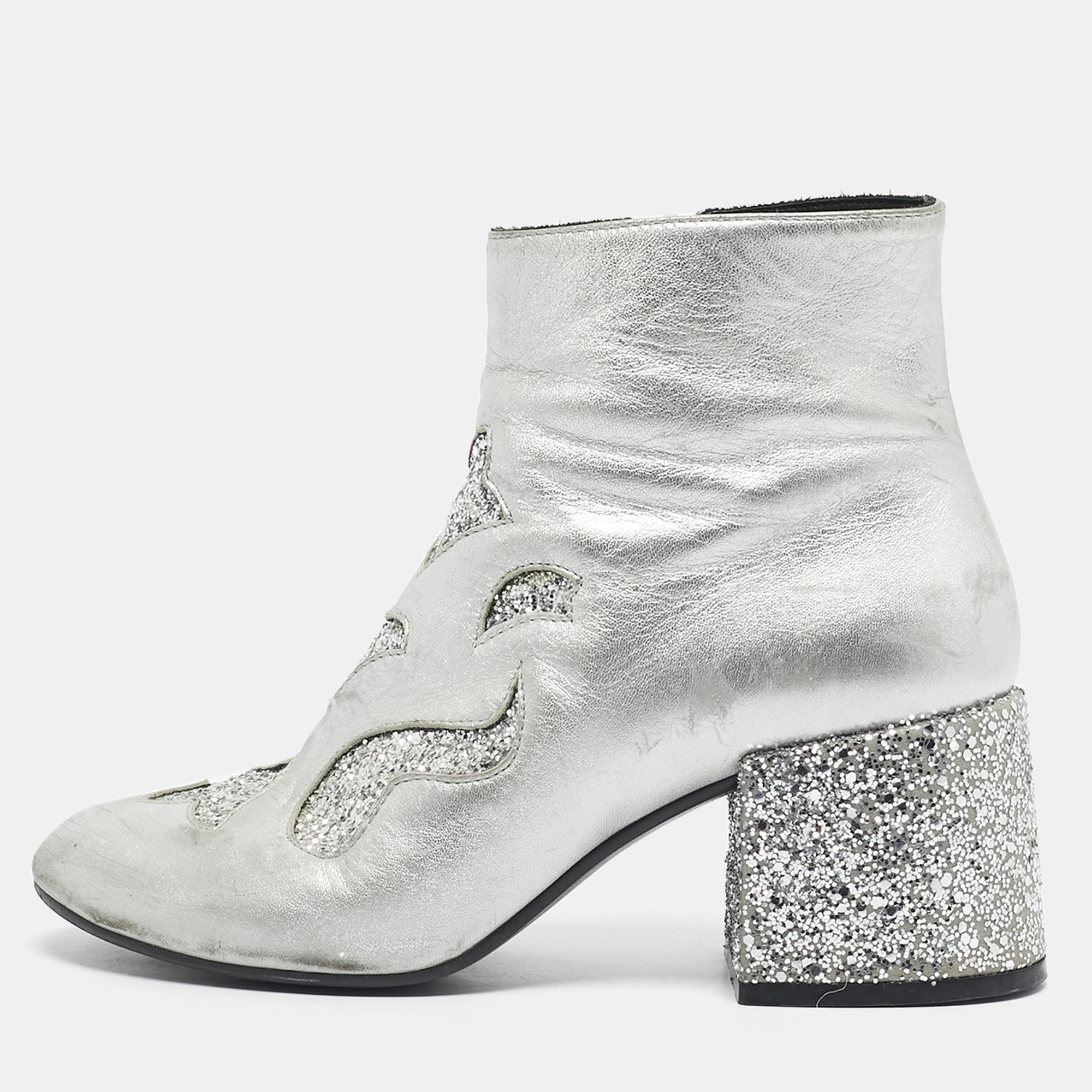 Maison Martin Margiela Silver Glitter and Leather Ankle Length Boots Size 39, Boots - Luxury Closet catalog