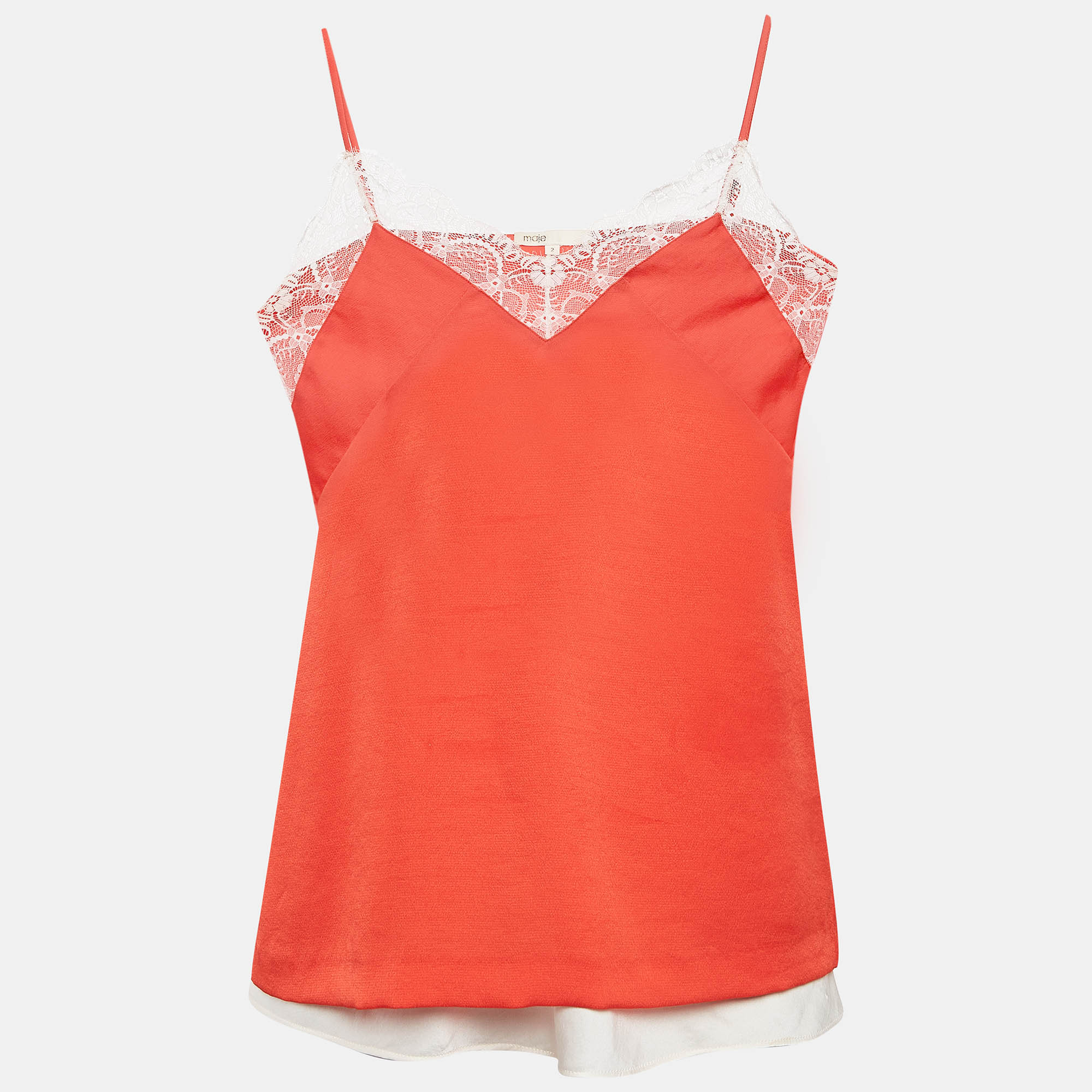 Maje Orange/White Crepe and Satin Lace Trim Camisole Top Set of 2 M/L, Shirts & Tops - Luxury Closet catalog