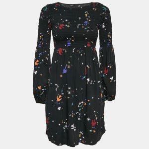 Maje Black Bird and Star Print Crepe Smocked Reskita Mini Dress XS, Dresses - Luxury Closet catalog