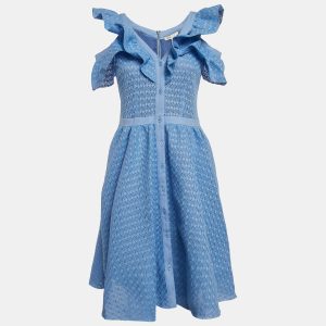 Maje Blue Lace Ruffled Cold Shoulder Reglisse Dress L, Dresses - Luxury Closet catalog