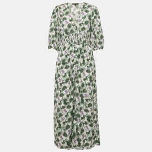 Maje White Printed Linen Blend V-Neck Midi Dress XL, Dresses - Luxury Closet catalog