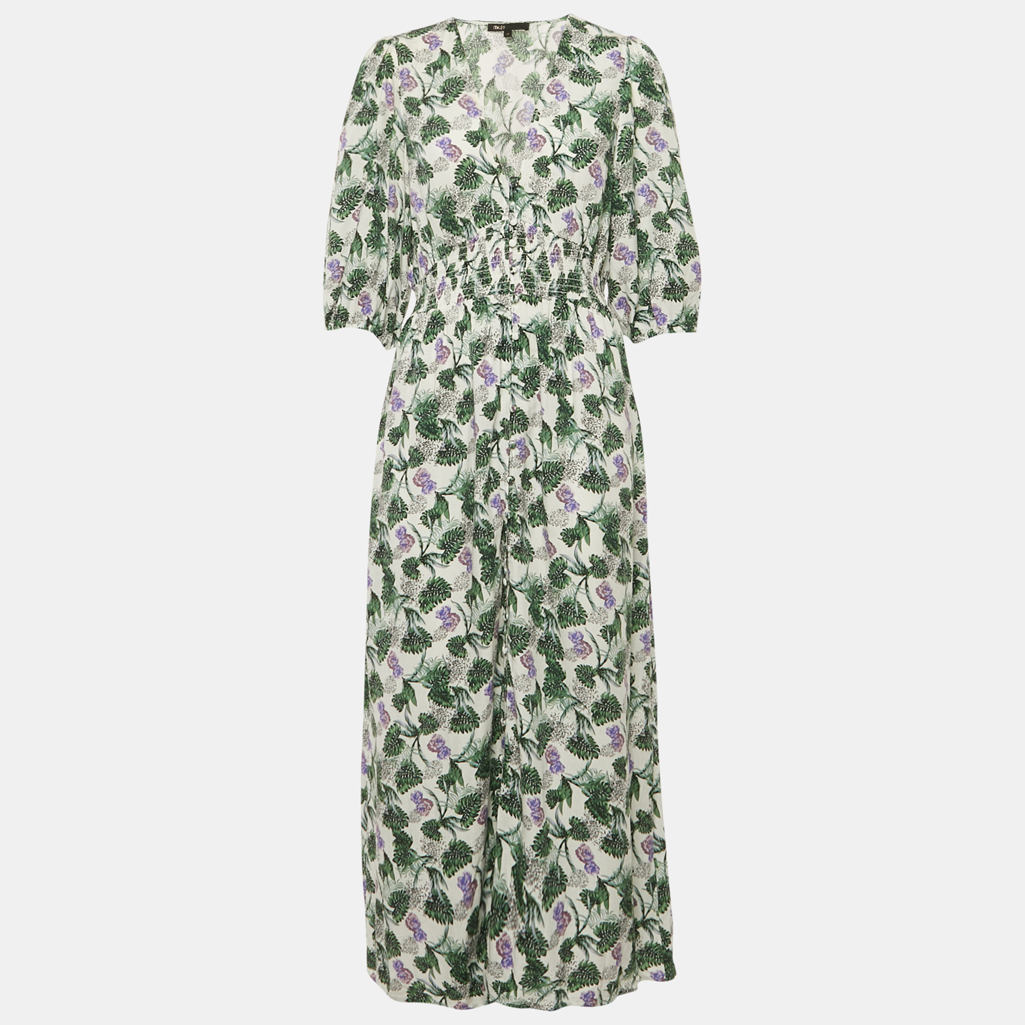 Maje White Printed Linen Blend V-Neck Midi Dress XL, Dresses - Luxury Closet catalog