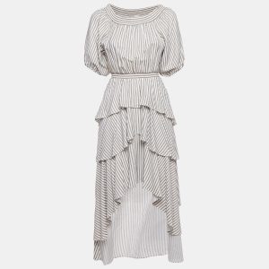 Maje Beige Striped Crepe Tiered Asymmetric Midi Dress M, Dresses - Luxury Closet catalog