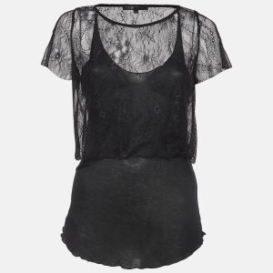 Maje Black Patterned Lace and Knit Layered Top L, Shirts & Tops - Luxury Closet catalog