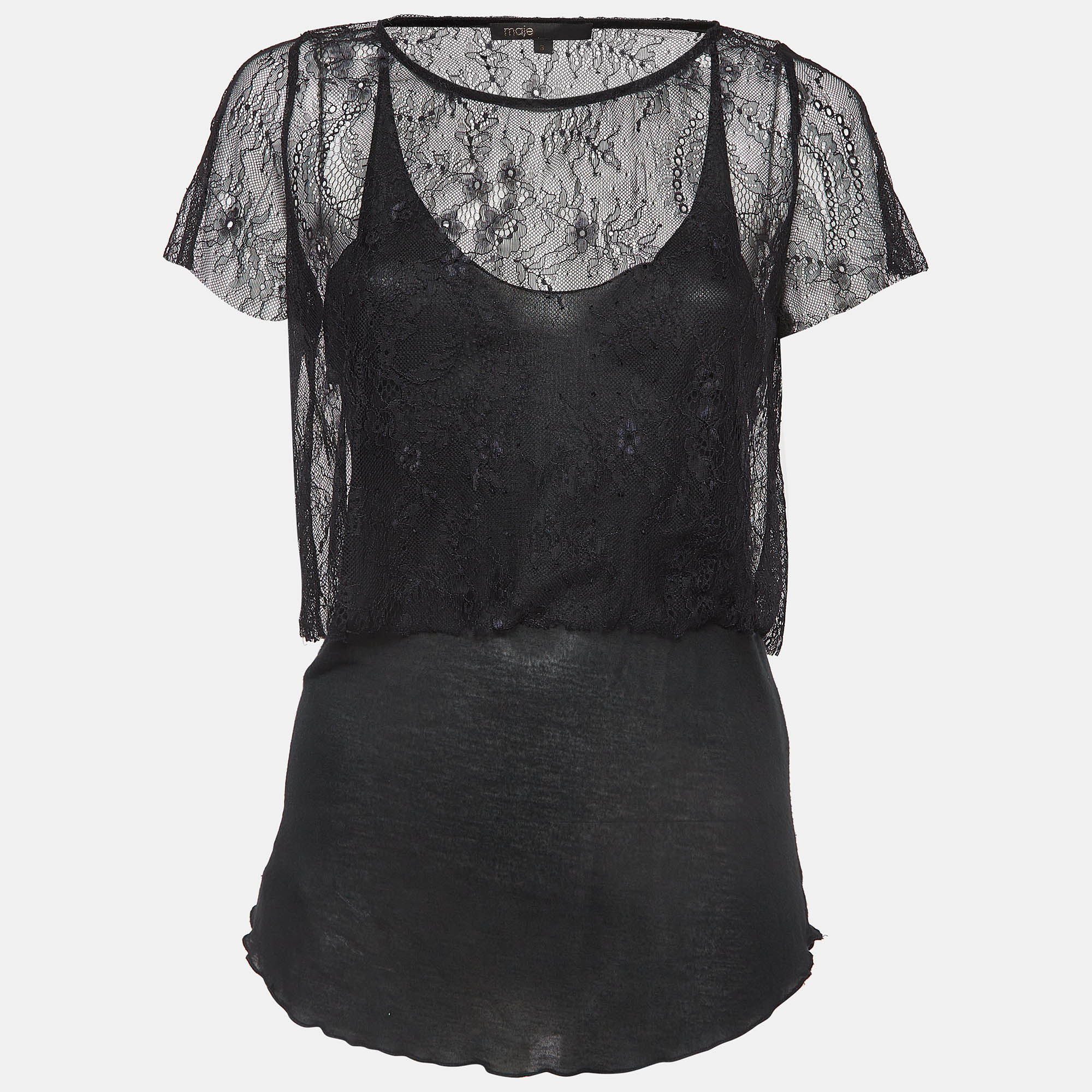 Maje Black Patterned Lace and Knit Layered Top L, Shirts & Tops - Luxury Closet catalog