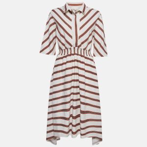 Maje White/Red Striped Gabardine Asymmetric Midi Dress XL, Dresses - Luxury Closet catalog