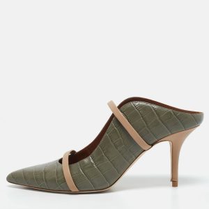 Malone Souliers Army Green/Beige Croc Embossed Leather Maureen Mules Size 40.5, Sandals - Luxury Closet catalog