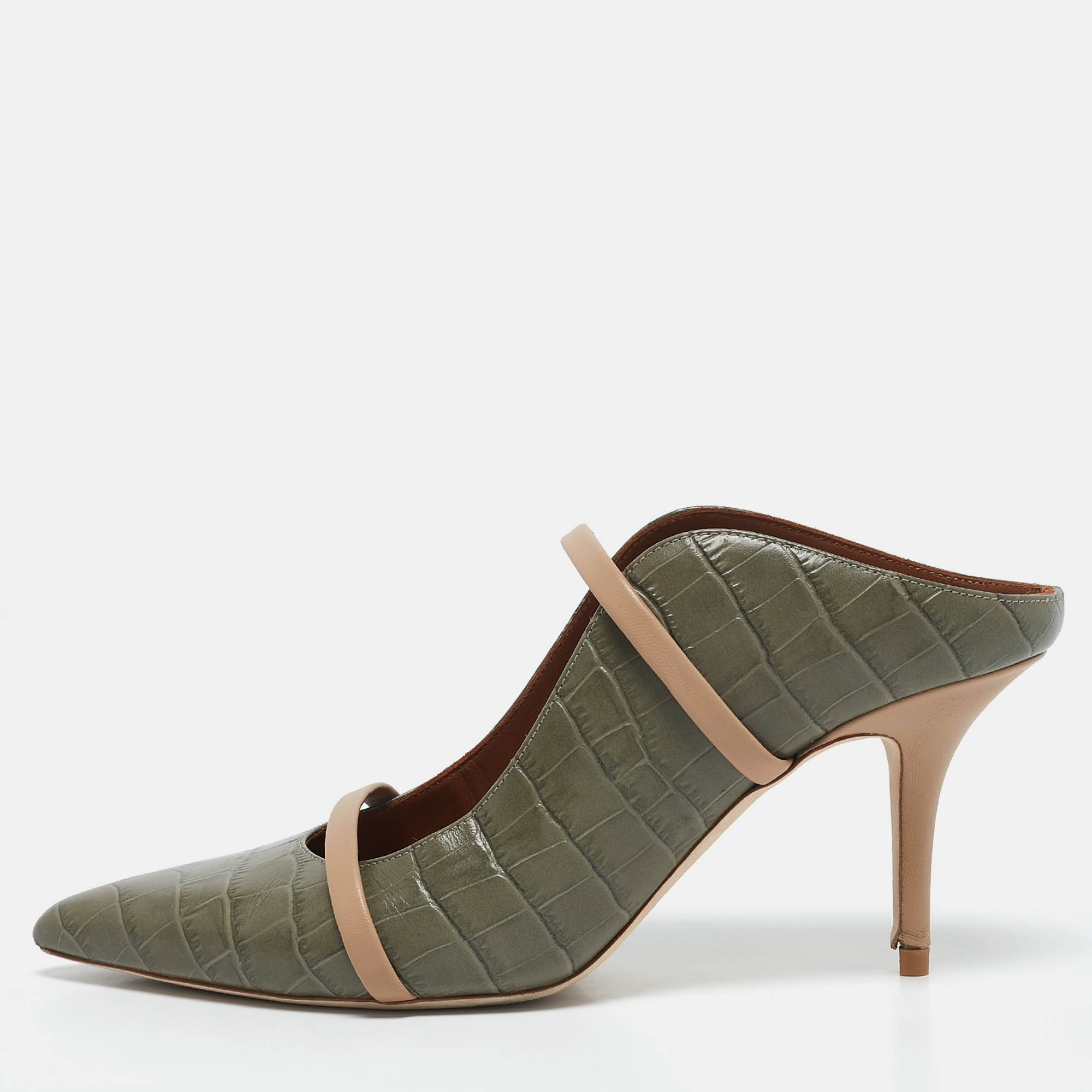 Malone Souliers Army Green/Beige Croc Embossed Leather Maureen Mules Size 40.5, Sandals - Luxury Closet catalog