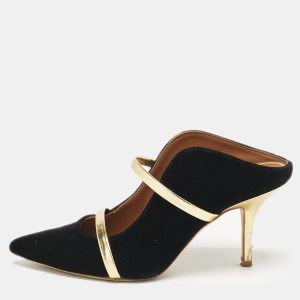 Malone Souliers Gold/Black Leather/Velvet Maureen Mules Size 36.5, Sandals - Luxury Closet catalog