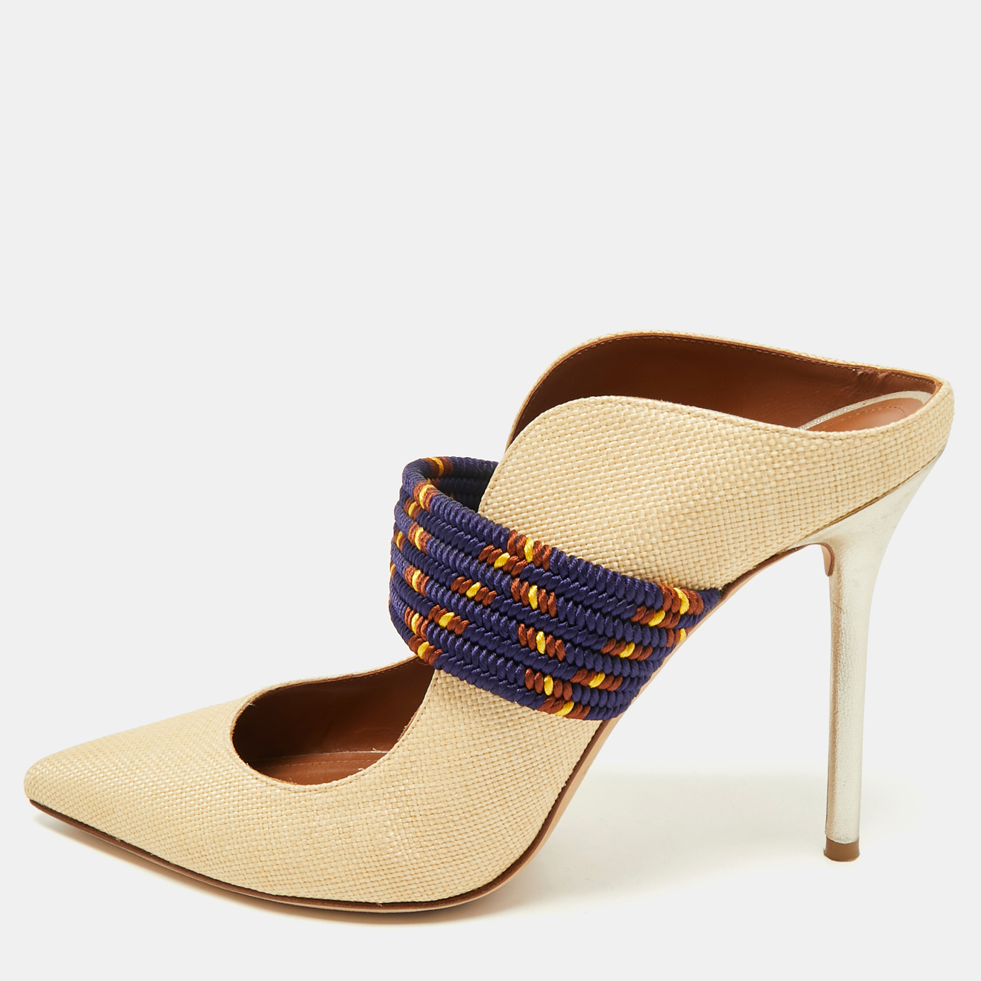 Malone Souliers Beige/Navy Blue Raffia and Cord Mara Pointed Toe Mules Size 40, Sandals - Luxury Closet catalog