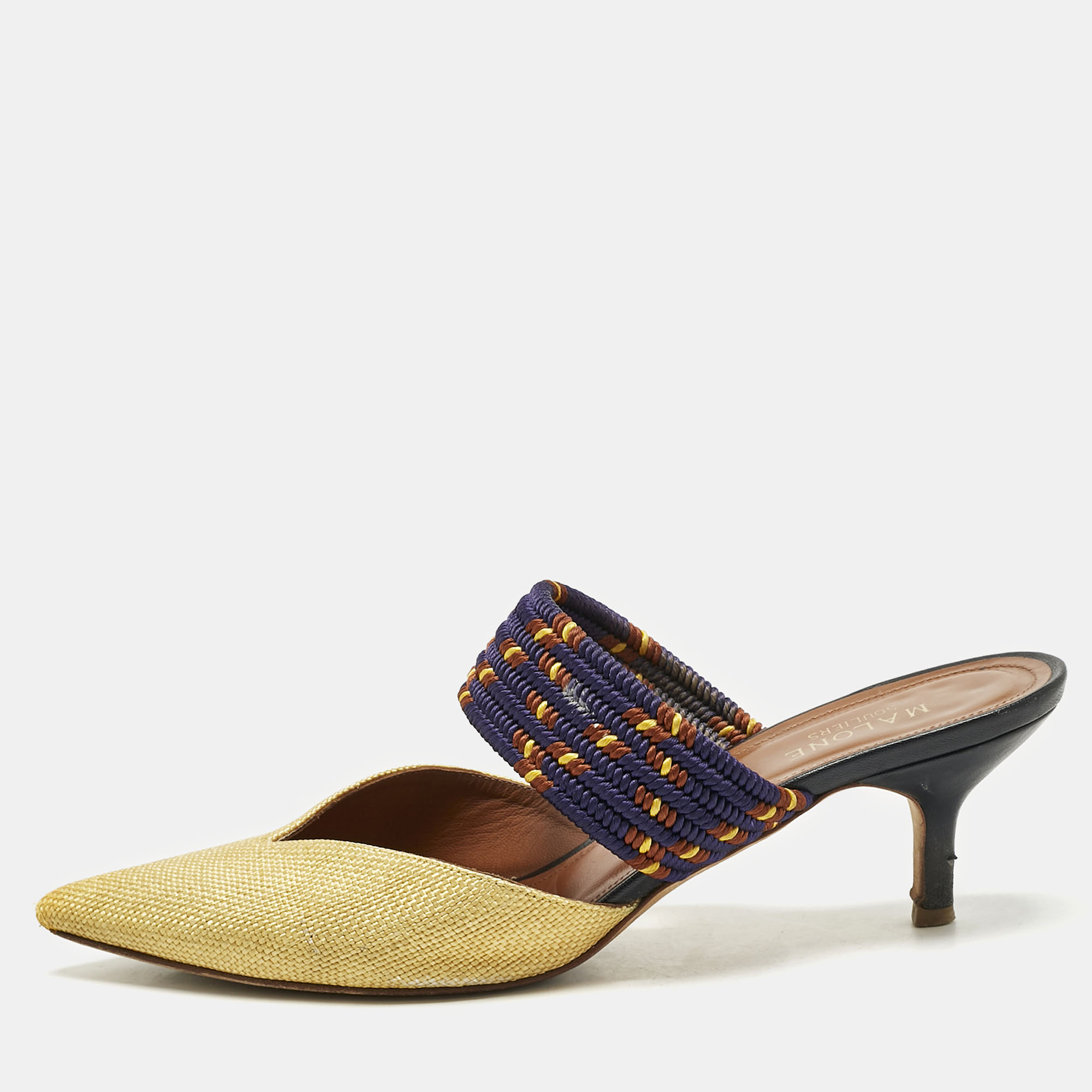 Malone Souliers Yellow/Navy Blue Raffia and Cord Maisie Pointed Toe Mules Size 39, Sandals - Luxury Closet catalog