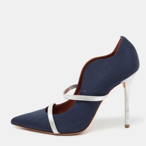 Malone Souliers Navy Blue/Silver Moire Canvas and Leather Maureen Pumps Size 38, Pumps - Luxury Closet catalog