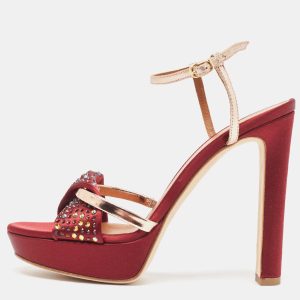 Malone Souliers Burgundy/Gold Satin and Leather Embellished Platform Sandals Size 37.5, Sandals - Luxury Closet catalog