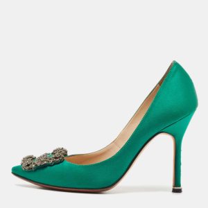Manolo Blahnik Green Satin Hangisi Crystal Embellished Pumps Size 34.5, Pumps - Luxury Closet catalog