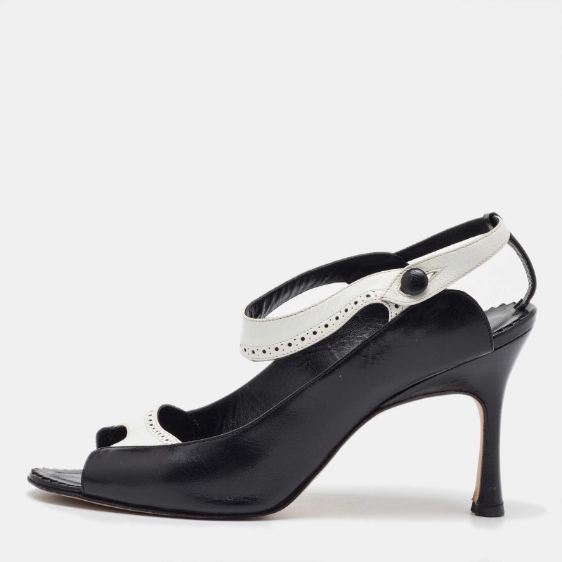 Manolo Blahnik Black/White Leather Brogue Slingback Sandals Size 38.5, Sandals - Luxury Closet catalog
