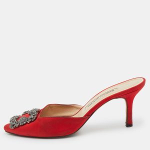 Manolo Blahnik Red Satin Jewel Buckle Hangisi Mules Size 37.5, Sandals - Luxury Closet catalog