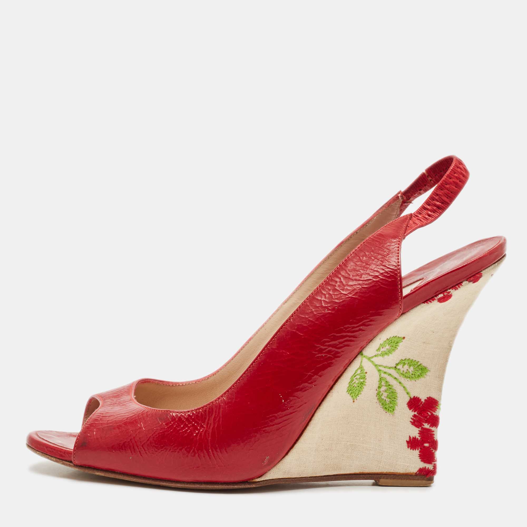 Manolo Blahnik Red Leather Wedge Slingback Sandals Size 37.5, Sandals - Luxury Closet catalog