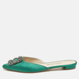 Manolo Blahnik Green Satin Hangisi Crystal Embellished Flat Mules Size 38, Sandals - Luxury Closet catalog