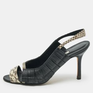 Manolo Blahnik Black/Beige Leather and Water snake Slingback Sandals Size 38, Sandals - Luxury Closet catalog