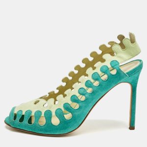 Manolo Blahnik Two Tone Cutout Suede Slingback Peep Toe Pumps Size 37.5, Pumps - Luxury Closet catalog