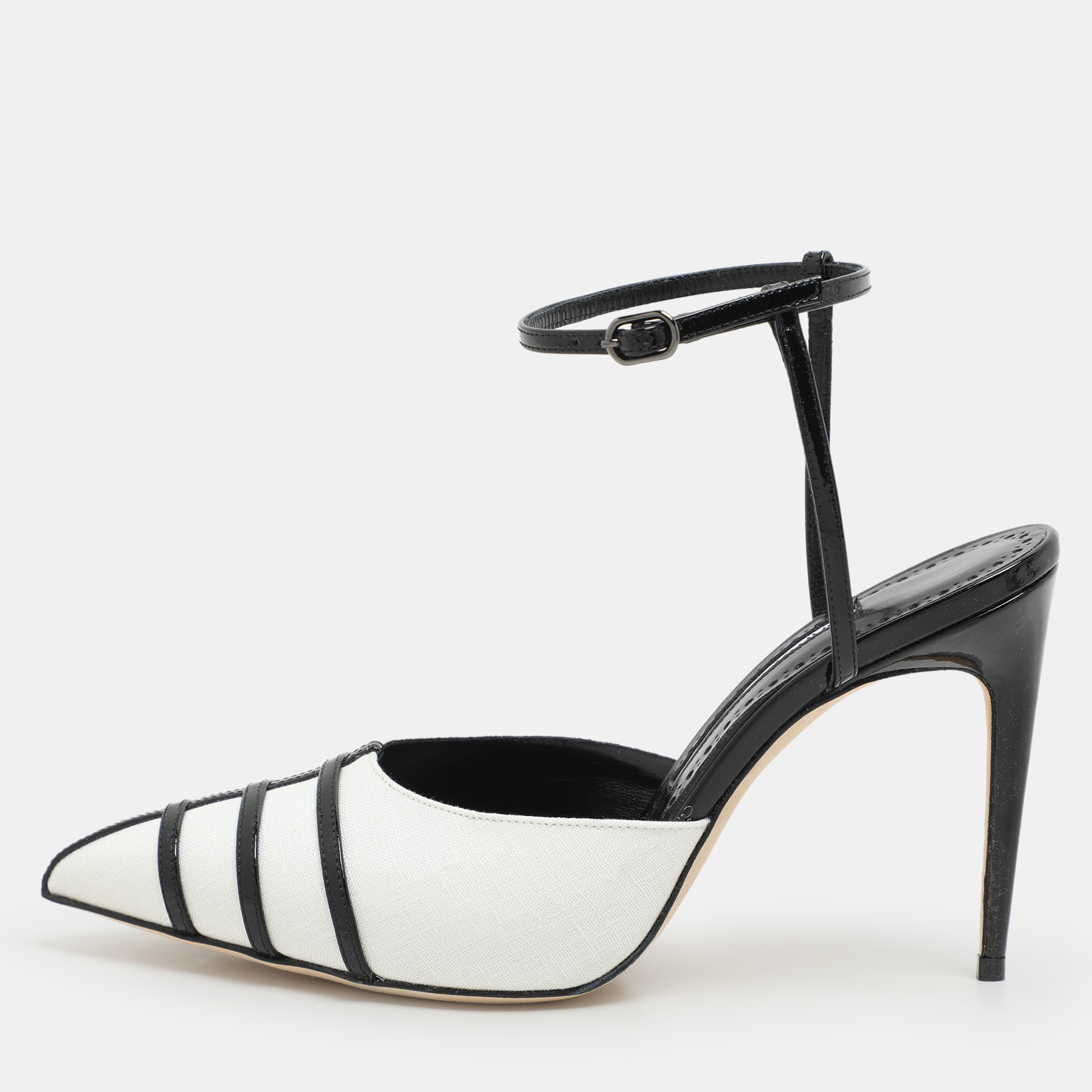 Manolo Blahnik White/Black Canvas and Patent Leather Ankle Strap Sandals Size 37, Sandals - Luxury Closet catalog