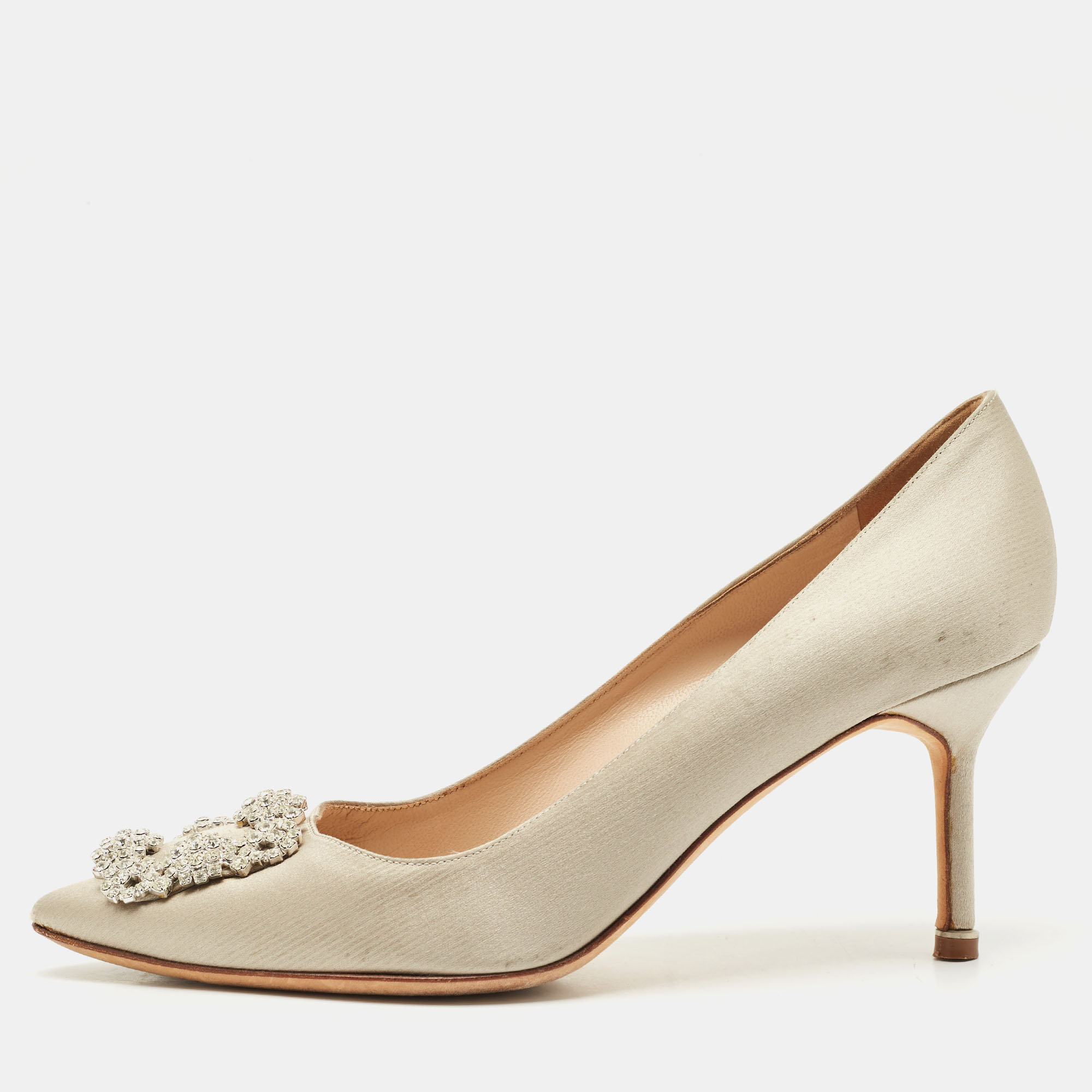 Manolo Blahnik Light Grey Satin Hangisi Crystal Embellished Pumps Size 39.5, Pumps - Luxury Closet catalog