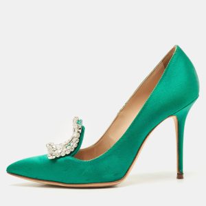 Manolo Blahnik Green Satin Borlak Crystal Embellished Pumps Size 34.5, Pumps - Luxury Closet catalog