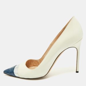 Manolo Blahnik Off White/Navy Blue Patent Leather Pointed Toe Pumps Size 40.5, Pumps - Luxury Closet catalog