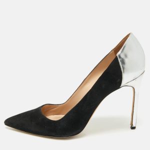 Manolo Blahnik Silver/Black Leather and Suede Osmana Pointed Toe Pumps Size 39.5, Pumps - Luxury Closet catalog