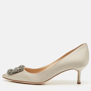 Manolo Blahnik Light Grey Satin Hangisi Crystal Embellished Pumps 37.5, Pumps - Luxury Closet catalog