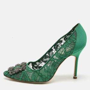 Manolo Blahnik Green Lace and Mesh Hangisi Pumps Size 37.5, Pumps - Luxury Closet catalog