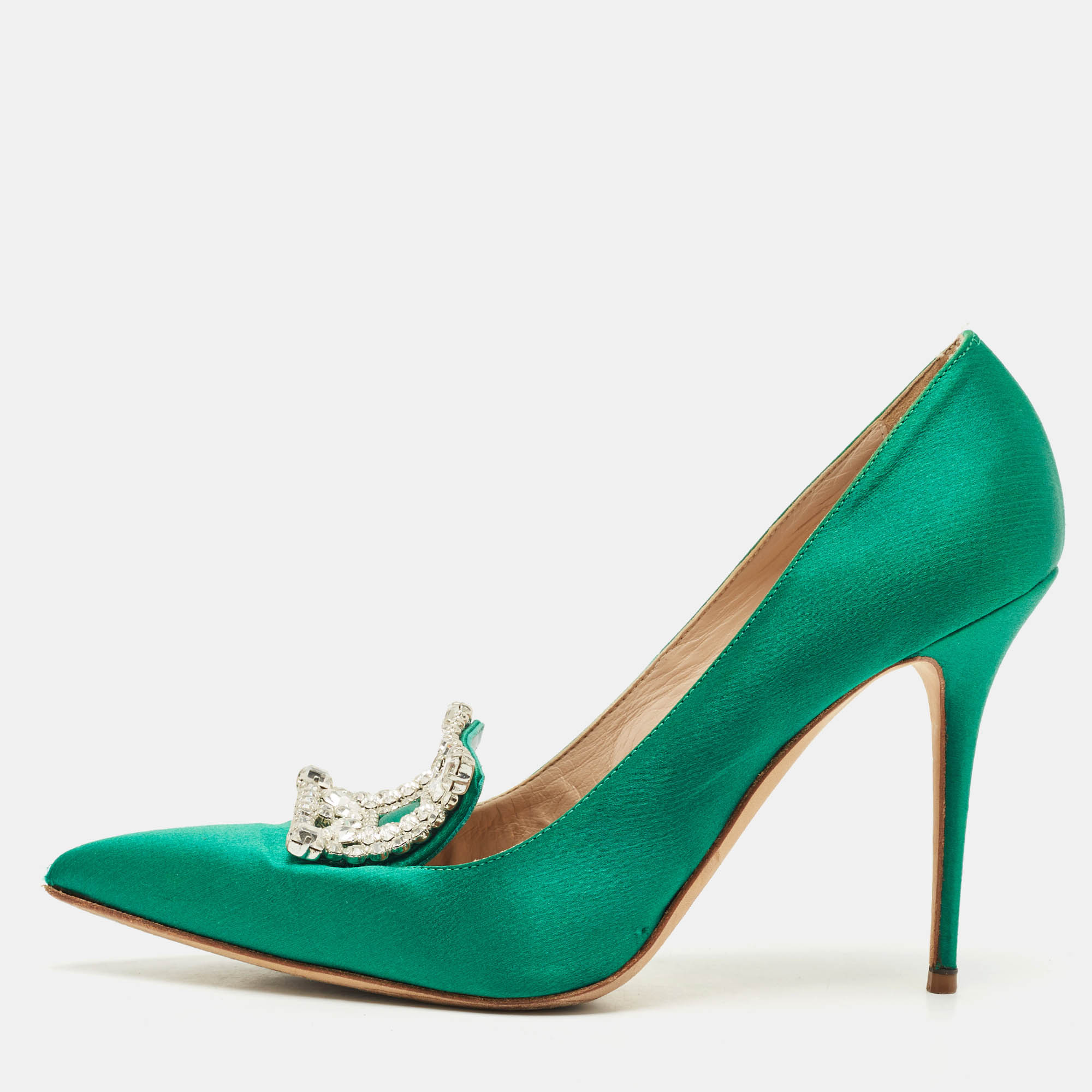 Manolo Blahnik Green Satin Crystal Embellished Borlak Pumps Size 39.5, Pumps - Luxury Closet catalog