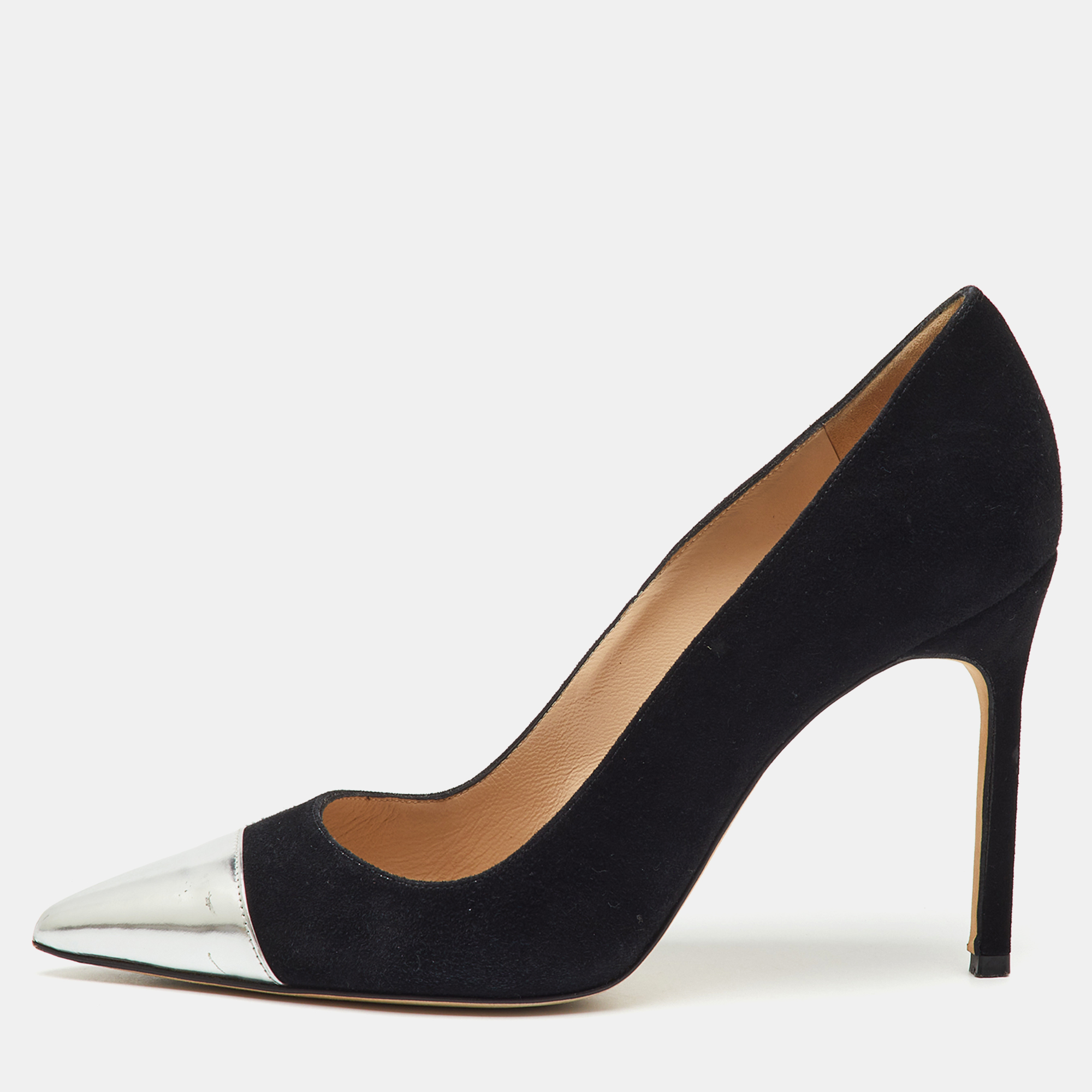 Manolo Blahnik Black/Silver Suede And Leather Bipunta Cap-Toe Pumps Size 37, Pumps - Luxury Closet catalog