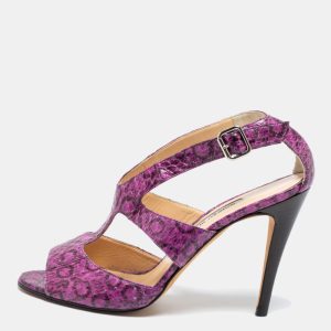 Manolo Blahnik Purple And Black Snakeskin Peep Toe Ankle Strap Sandals Size 38.5, Sandals - Luxury Closet catalog