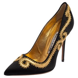 Manolo Blahnik Black Satin Embroidered Pointed Toe Pumps Size 34.5, Pumps - Luxury Closet catalog