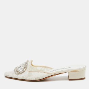 Manolo Blahnik White Lace Crystal Embellished Block Heel Pumps Size 37, Sandals - Luxury Closet catalog