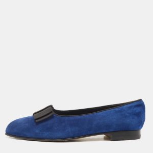 Manolo Blahnik Blue Suede Leather Toro Opera Bow Slip On Loafers Size 41.5, Flats - Luxury Closet catalog