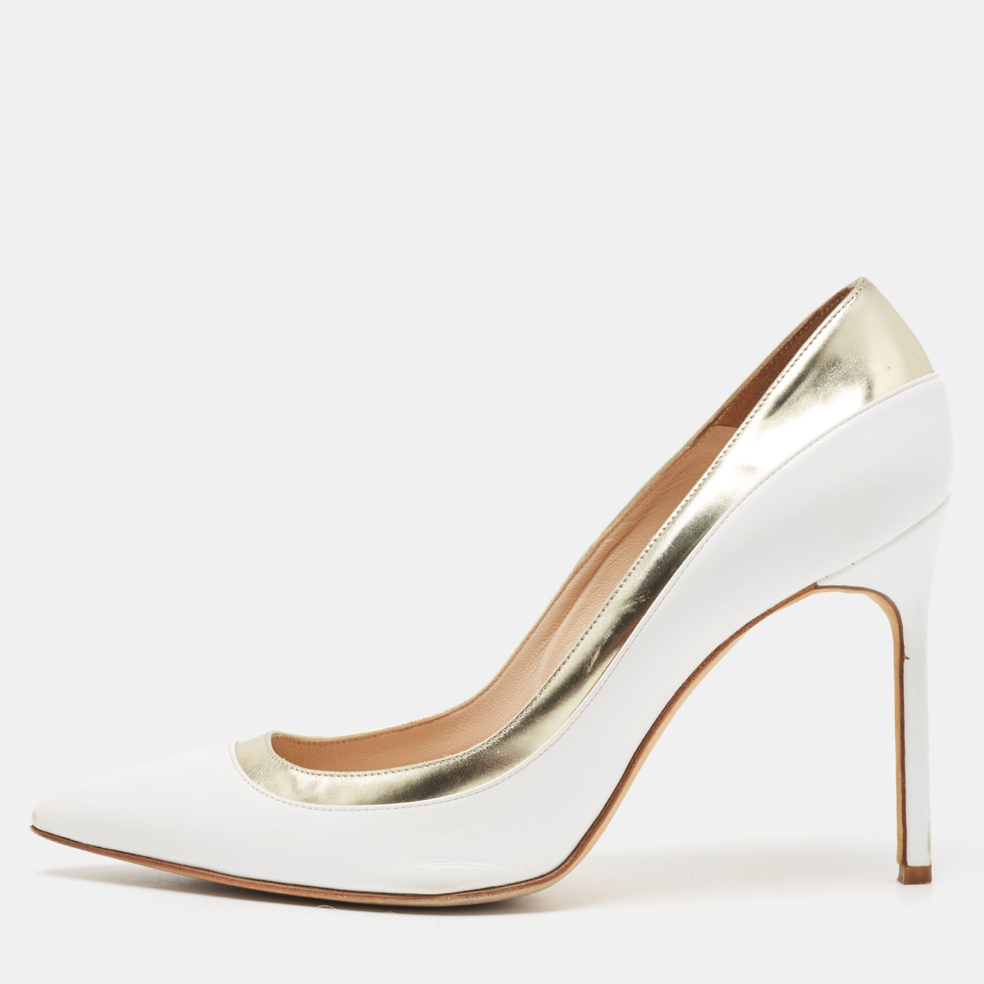 Manolo Blahnik White/Gold Leather Pointed Toe Pumps Size 40, Pumps - Luxury Closet catalog
