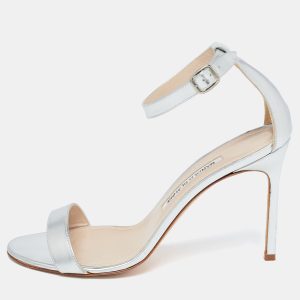Manolo Blahnik Silver Leather Chaos Ankle Strap Sandals Size 40, Sandals - Luxury Closet catalog